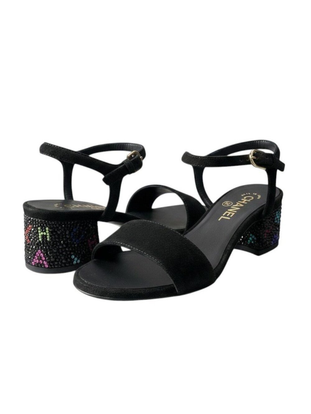 Chanel Suede Sandals Rhinestone Logo Black Leather